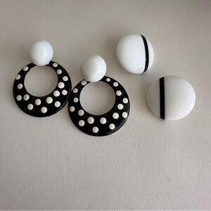Vintage Black & White Polka Dot Earrings 80s 1980s 2 Pairs Mod Chic 80's Stud